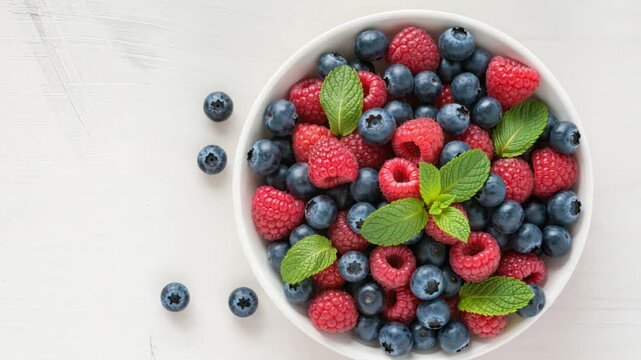 Mix of ripe blueberries and raspberries with green mint leaves in a white ceramic bowl. Photographed from above on white wooden surface. Fresh and colorful fruit combination.