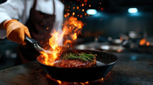 A chef expertly sears a steak in a pan, with flames and fresh herbs enhancing the culinary action, showcasing the art of cooking and the passion of gastronomy.