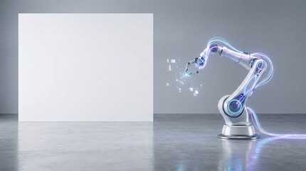 Robotic arm interacting with digital interface in modern industrial setting