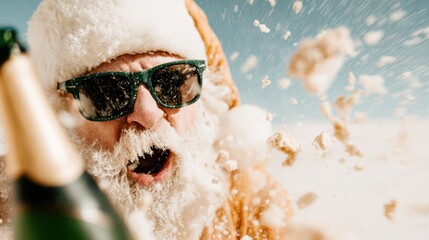 A joyful Santa Claus in sunglasses pops champagne with enthusiasm, surrounded by a burst of festive confetti, bringing a playful twist to holiday celebrations.