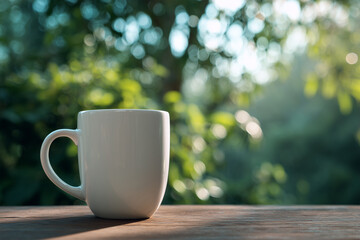 White ceramic mug resting on a rustic wooden table in a sunlit garden, peaceful morning routine with soft light and bokeh background for wellness and mindfulness concepts