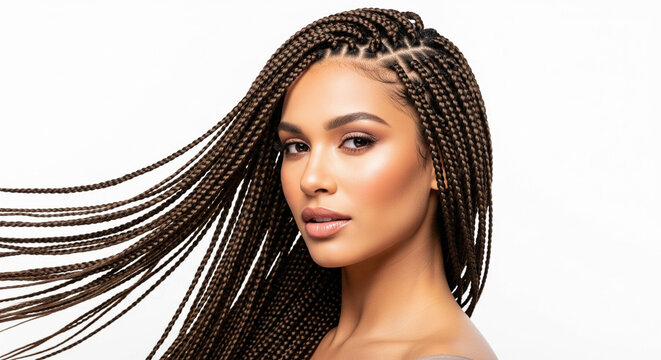Beautiful woman with long brown box braids in motion. Studio beauty portrait of fashion model with flying hair isolated on white background.