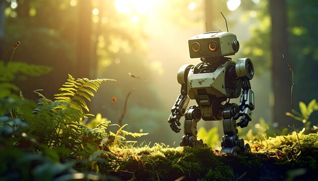 A small, boxy, bipedal automaton stands on a moss-covered log in a vibrant, sunlit forest, surrounded by ferns