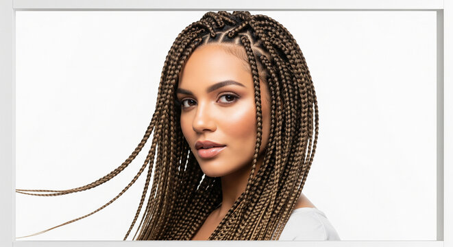 Beautiful mixed race woman with long brown box braids in motion. Studio beauty portrait isolated on white background.