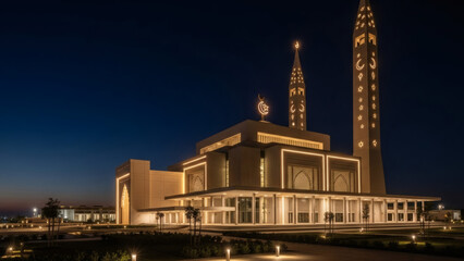 Naklejka premium Mosque Under Starry Night Sky with Crescent Moon