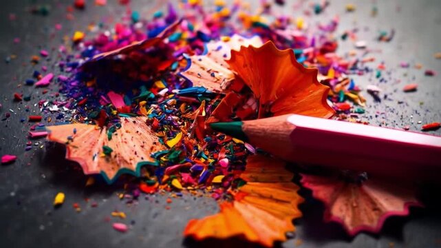 Close up of colorful pencil shavings with a sharpened pencil