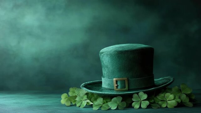 Happy Saint Patrick`s day. Banner with clover leaves, green hat on green background. Flyer or Poster Template. 