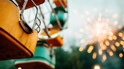 An artistic view of a ferris wheel amidst vibrant fireworks, encapsulating the thrill of amusement parks and joyful celebrations in a visually striking composition.