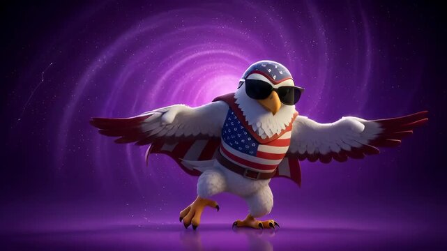 Animated eagle mascot with sunglasses and american flag cape dancing on a glowing purple background for american holidays