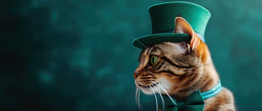 Cute cat in a leprechaun hat on a green background. Saint Patrick's Day theme concept. 