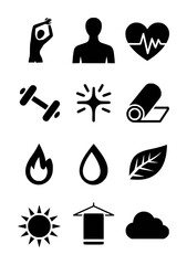 Collection of black health and wellness including exercise heart water fire leaf sun towel and cloud