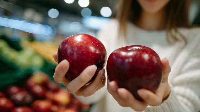 16Close-up of woman shopping for fruit, examining two red apples carefully, grocery store produce section rich with color and texture, clean modern supermarket environment