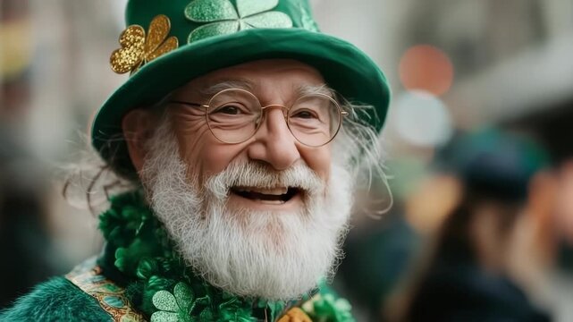 Happy Senior man wearing leprechaun costume on the background of the parade on St. Patrick's Day.