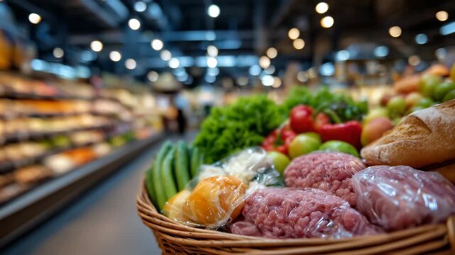 19Close-up of shopping basket filled with fresh groceries, raw meat packages, colorful fruits, green vegetables, and crusty bread, supermarket shelves softly blurred in background, e