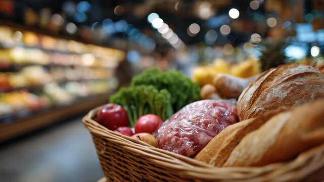 23Detailed close-up of grocery basket brimming with meat, apples, leafy vegetables, and artisan bread, shallow depth of field with supermarket aisle blurred behind, fresh food and ho