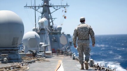 116Back view of military man walking along destroyer deck, radar domes and communication arrays visible, open sea on both sides, disciplined movement and maritime security concept