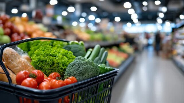 26Close-up of shopping basket filled with fresh food staples, meat, vegetables, fruit, and bread, supermarket shelves blurred behind, clean modern grocery store scene