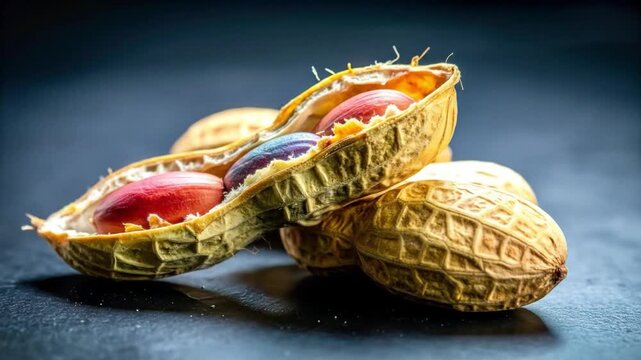 Close up of cracked peanut pod with visible nuts against dark background