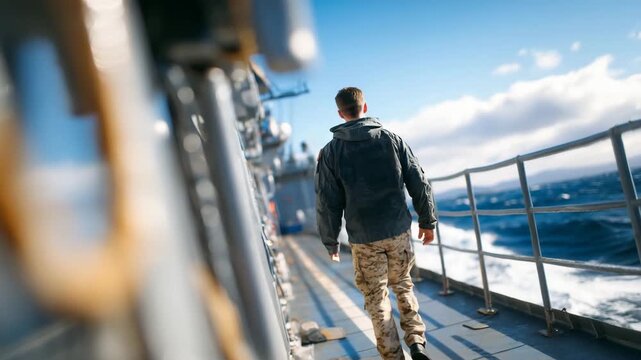 124Rear view of a naval serviceman walking down the deck corridor of a military vessel, strong leading lines from deck markings and railings, sky and sea framing the scene