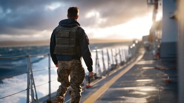 123Rear view of a naval serviceman walking down the deck corridor of a military vessel, strong leading lines from deck markings and railings, sky and sea framing the scene