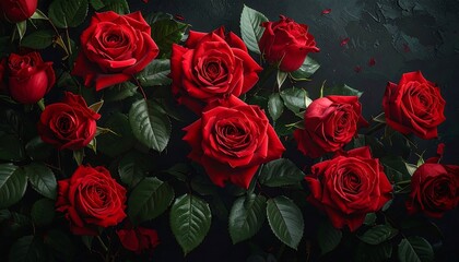 Close-up of vibrant red blooms on dark green foliage against a textured, deep-toned background. Petals are lush and rich