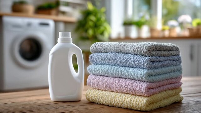 126Detailed close-up of vibrant folded towels in pastel and bold colors, modern detergent bottle nearby, sunlit laundry room with white cabinets, realistic fabric texture and cleanlin
