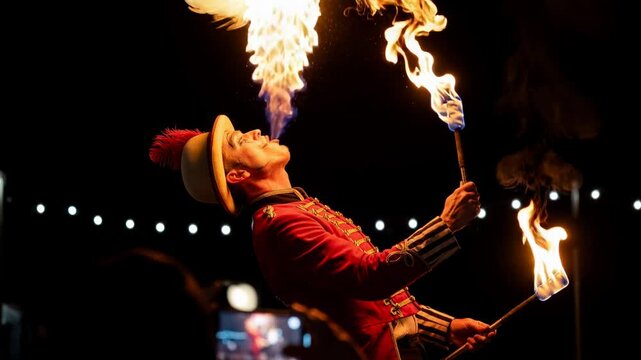 Circus fire breather performing with flaming torches during night show.