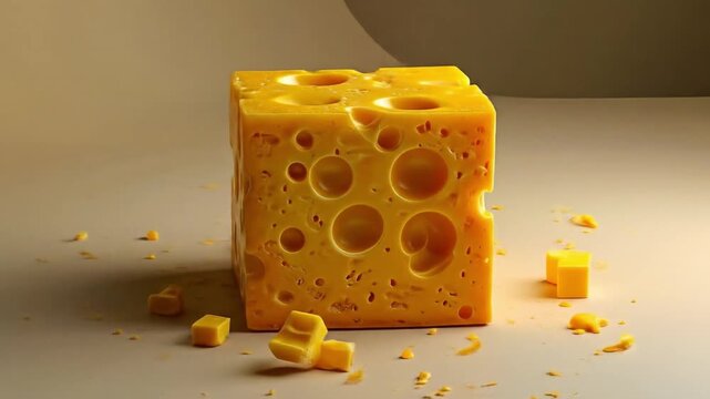 Close up of cube shaped cheese with holes isolated on a neutral background