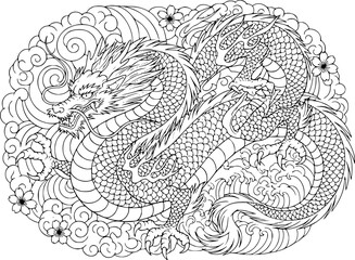 Anime dragon mythical beast in flying pose with elegant wings and horns for fantasy legend concept &ndash; Black and White Vector Illustration