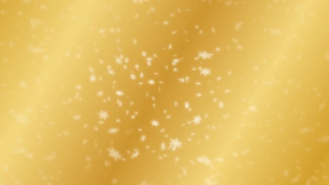 White snowflakes being lit up and falling down on gold gradient moving background. Abstract background for Merry Christmas, Happy Holidays, Season's greetings, Happy Valentine's day and winter season.