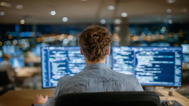 147Back view of AI developer typing at keyboard, ultra-detailed programming code visible on widescreen monitor, bright open-plan office, modern software engineering workflow