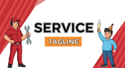 Service Repair Banner Design with Cartoon Technician Mascot and Celebration Character for Business Promotion and Branding