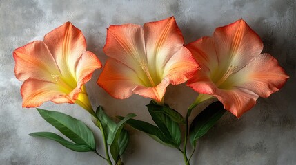 Fototapeta premium Three coral-hued flowers on a light gray background