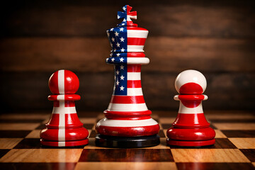 Geopolitical chess game &ndash; pieces with flags of USA, Denmark, and Greenland.