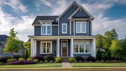 Fototapeta premium A modern American-style family home with classic architectural elements, blue exterior siding, white trims, large windows, front porch with columns, and a well-maintained landscaped garden