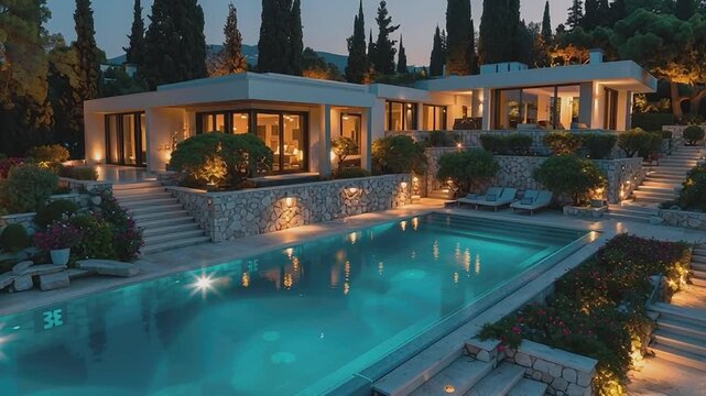 Luxury Oasis at Dusk: A stunning modern house glows invitingly at twilight, its sleek design complemented by a shimmering swimming pool. Tranquility and elegance meet, offering a vision of serene.