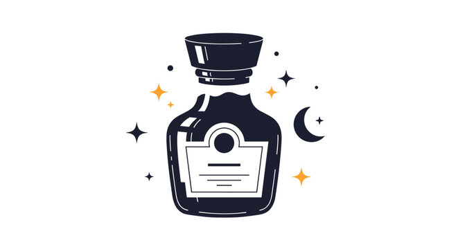 Dark mysterious potion bottle illustration featuring a cork stopper and celestial decorations like stars and a crescent moon.