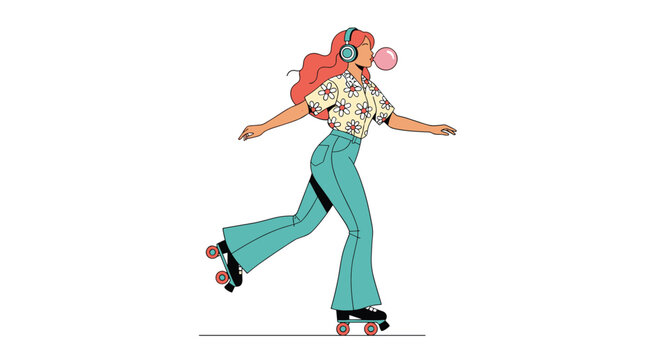 Cool young woman with long pink hair roller skating while blowing a pink bubble gum bubble in a retro 70s style.