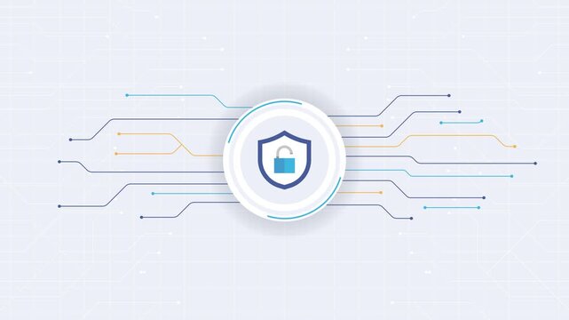 Cyber security concept with shield, closing padlock and green check mark on circuit background.