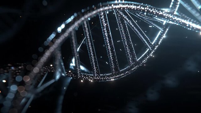 Abstract DNA Structure with Glowing Particles and Dark Background