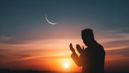 Silhouette of a muslim man praying under a crescent moon at sunset