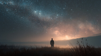 Fototapeta premium Man standing on the misty grassy hill at night with starry sky and Milky Way, creating a sense of wonder and cosmic exploration