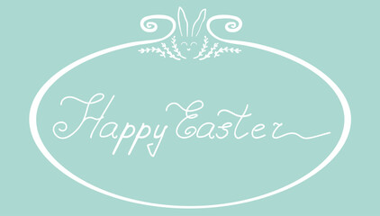 A festive white round frame with a bunny and a willow for Easter greetings on a turquoise background © Neveditsyna Elena