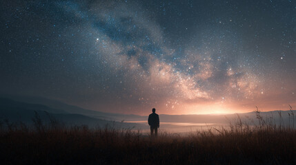 Man standing on the misty grassy hill at night with starry sky and Milky Way, creating a sense of wonder and cosmic exploration