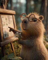 A teacher wearing glasses points to a poster with medicinal plants.