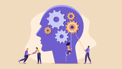 Conceptual illustration of the human brain with gears and working individuals