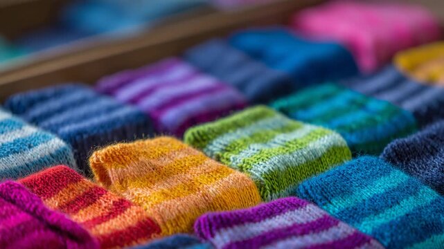 191Macro close-up of colorful socks arranged in repeating pattern, knit texture sharply defined, balanced lighting, clean background for commercial use