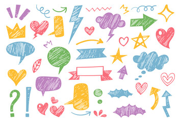 Colorful Hand Drawn Doodle Design Elements Mega Set Containing Sketchy Speech Bubbles, Hearts, Stars, Arrows, Lightning Bolts, Clouds, Ribbons, Crowns, and Punctuation Marks in Pastel Pencil Scribble 