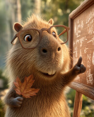 A capybara teacher wearing glasses demonstrates a maple leaf.