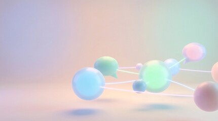 Pastel abstract interconnected spheres with soft gradient background symbolizing connectivity, molecular structure and futuristic networks